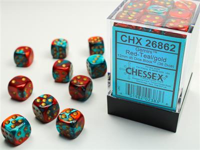 12mm d6 Dice Block (36 Dice - Gemini: Red-Teal/Gold)