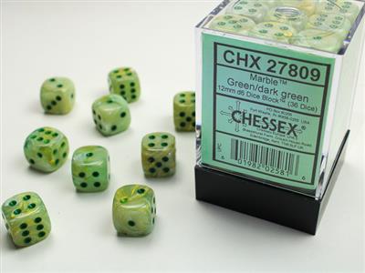 12mm d6 Dice Block (36 Dice - Marble: Green/Dark Green)