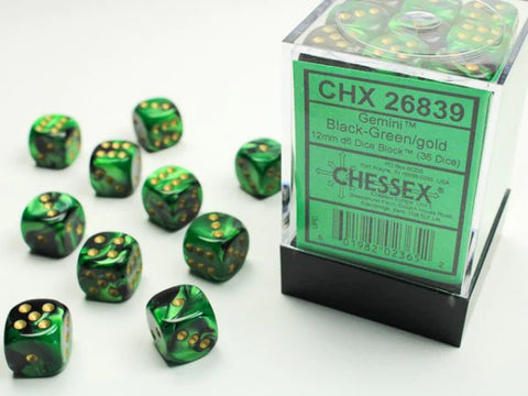 12mm d6 Dice Block (36 Dice - Gemini: Black-Green/Gold)