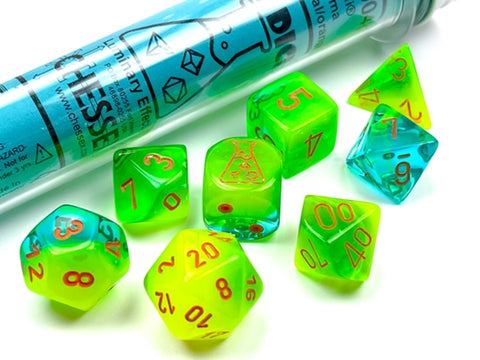 Lab Dice: Gemini Plasma Green-Teal / Orange Polyhedral 8-Dice Set