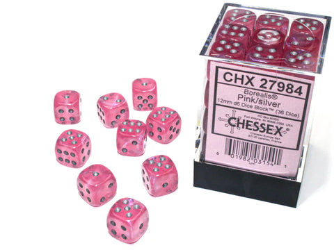 12mm d6 Dice Block (36 Dice - Borealis: Pink/Silver)