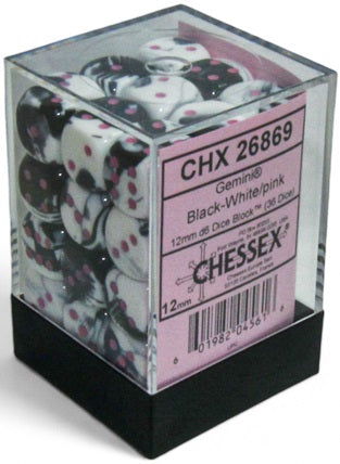 Chessex Gemini 12mm d6 Dice Set (36ct) [Black-White with Pink Pips]