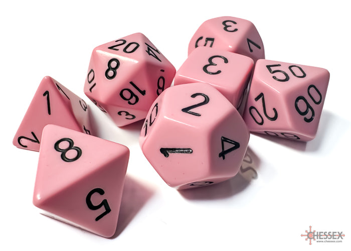 Opaque Polyhedral 7-Die Set in Pastel Pink with Black Numbering