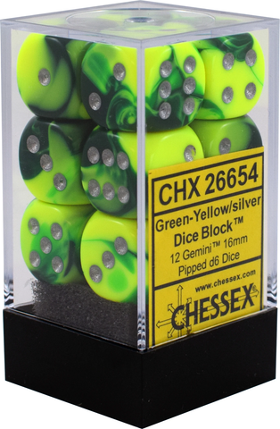 16mm d6 Dice Block (12 Dice - Gemini: Green-Yellow/Silver)