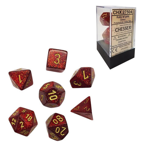 Polyhedral Dice Set: Glitter: 7Pc Dice Ruby / Gold