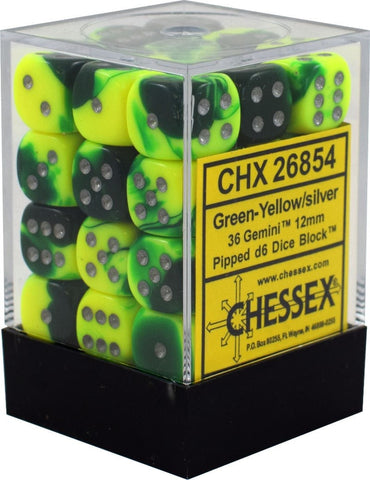 12mm d6 Dice Block (36 Dice - Gemini: Green-Yellow/Silver)