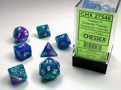 Festive Waterlily/white Polyhedral 7-Dice Set